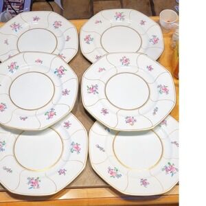 Set of 6 Vintage Octagonal Floral Porcelain Dinner Plates Gold Gilt Trim 10.25in
